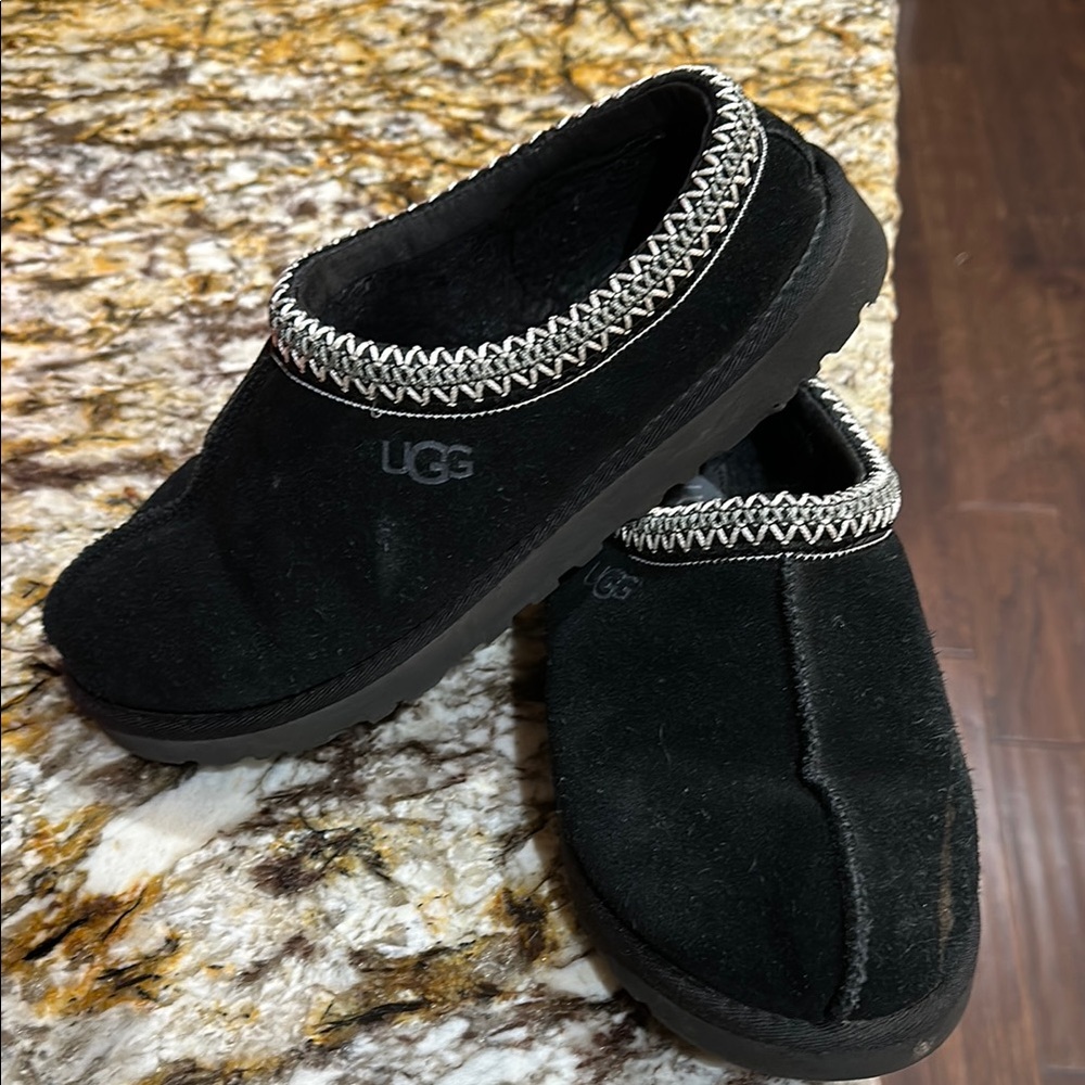 UGG Black Suede Slip-Ons with Patterned Trim